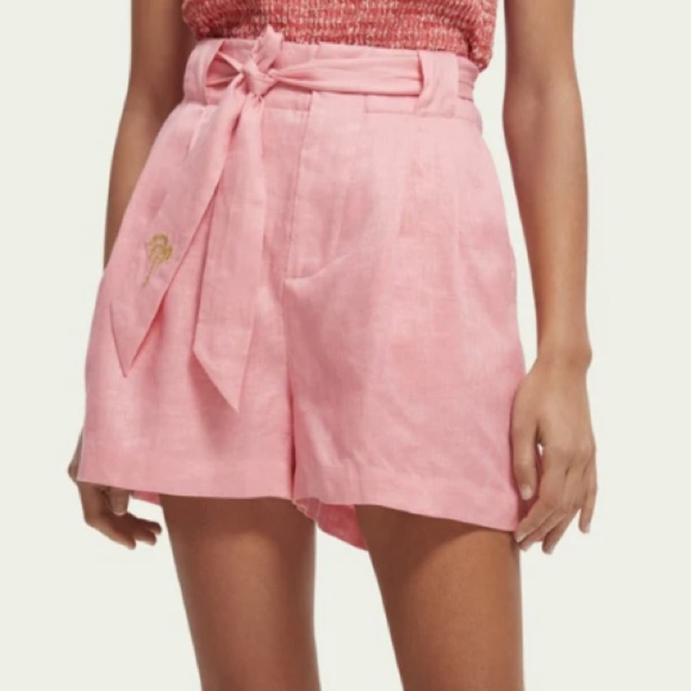 Scotch & Soda High Rise Pink Linen Shorts Tie Belt Palm Tree Embroidered